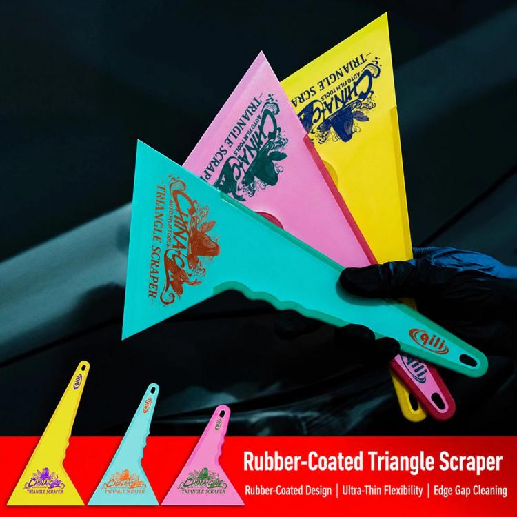 Assorted qili triangular window tint scrapers in yellow, pink, and teal colors