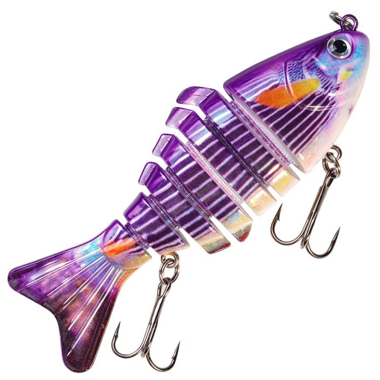 Purple multi-segment hard fishing swimbait lure with treble hooks
