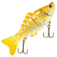 Yellow multi-segment hard fishing swimbait lure with treble hooks