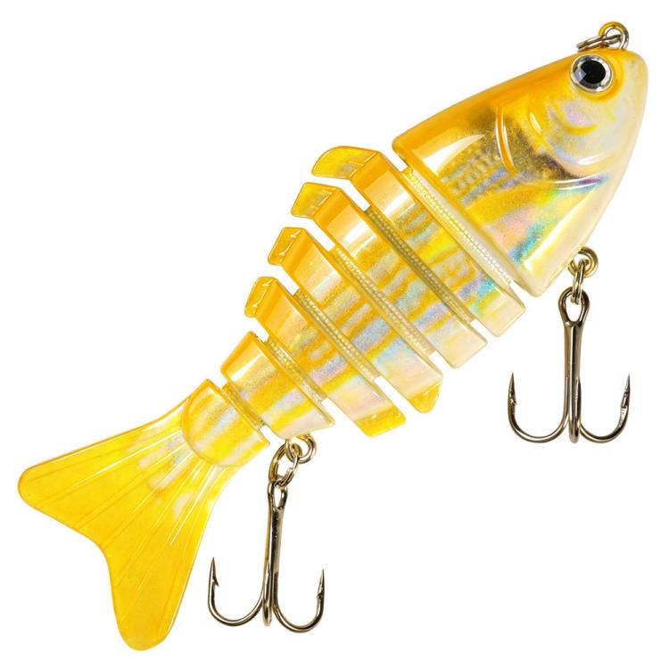Yellow multi-segment hard fishing swimbait lure with treble hooks