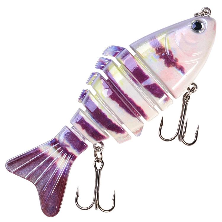 Pink and purple multi-segment hard fishing swimbait lure with treble hooks