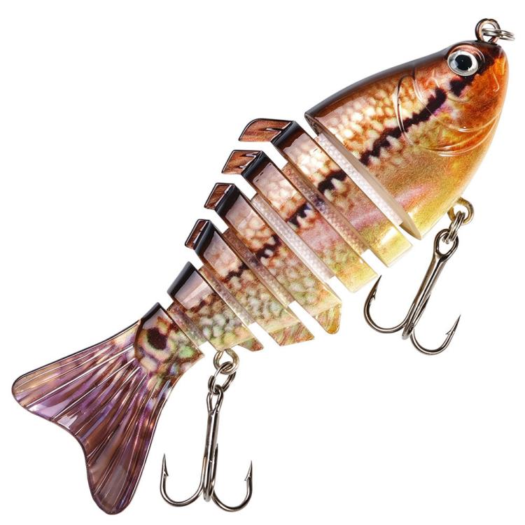 Orange and brown multi-segment hard fishing swimbait lure with treble hooks