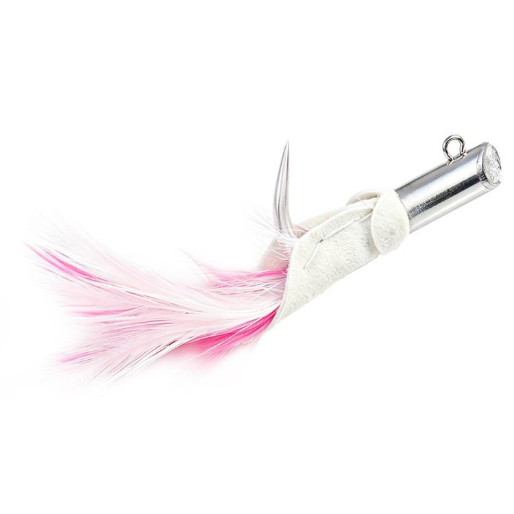 Pink and white feather jig lure with silver jig head and single hook