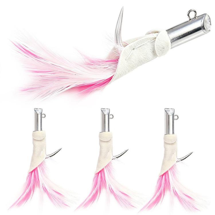 Three pink-and-white feather jig lures with silver jig heads and single hooks