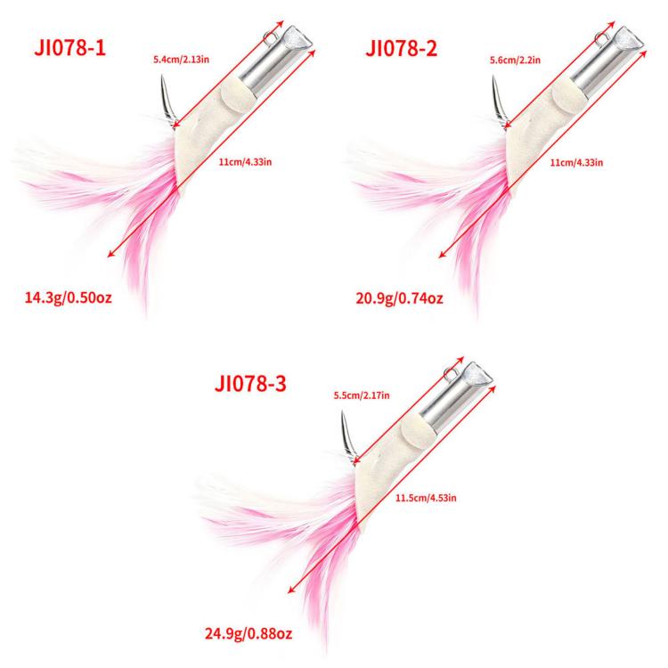 Feather jig lures set with silver jig heads and pink-white feather tails