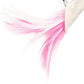Close-up pink and white feather tail on a silver feather jig lure head
