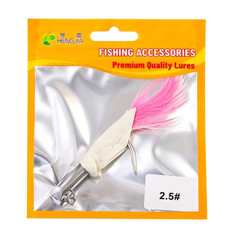 Fishing accessories blister pack featuring pink and white feather jig lure, 2.5#