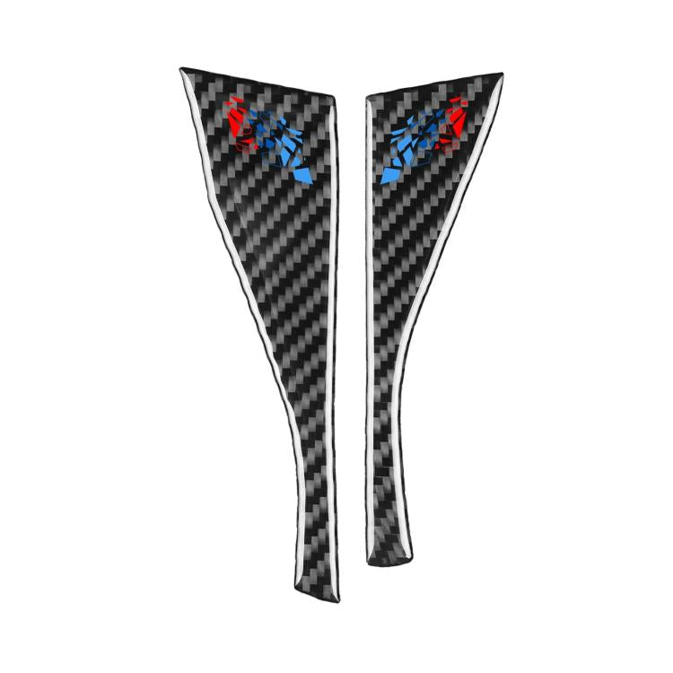 Carbon fiber V-shaped dashboard sticker pair with blue/red emblem accents and white edges