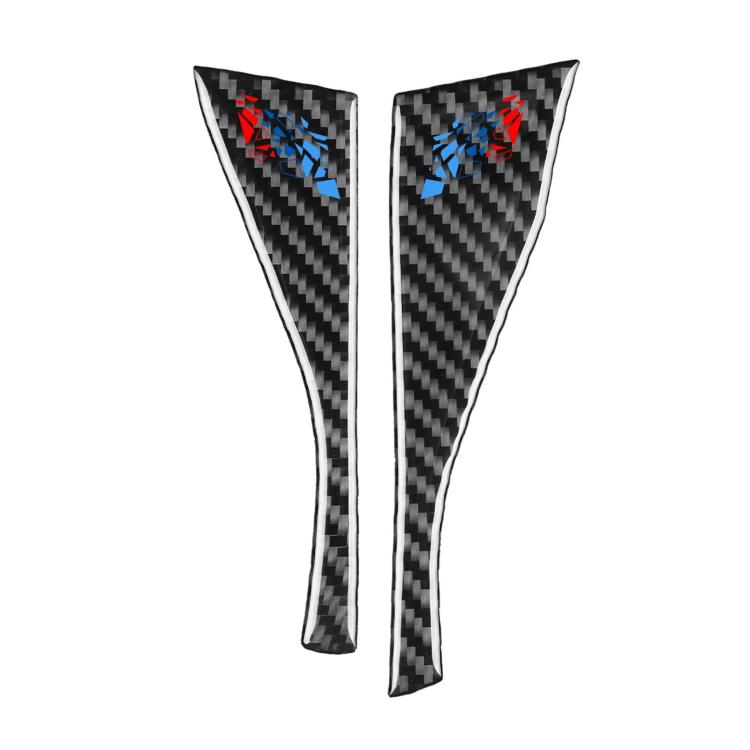 Carbon fiber V-shaped dashboard sticker pair with blue/red emblem accents, two pieces