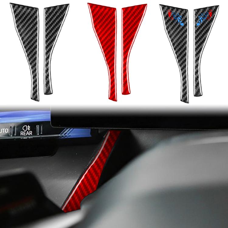 Set of carbon fiber and red V-shaped dashboard stickers installed along the trim