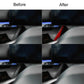 Before-and-after view showing installed red and carbon fiber V-shaped dashboard stickers