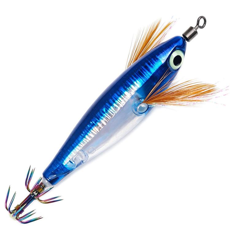 Glow squid jig lure with rainbow stripe, blue top and white belly, feather tail, treble hooks