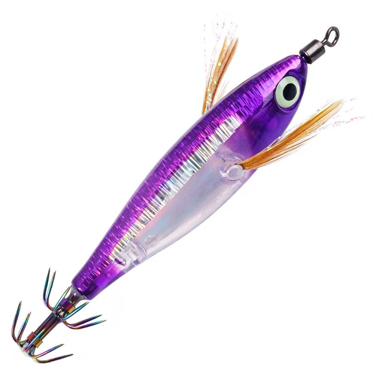 Glow squid jig lure with rainbow stripe, purple and silver body, feather tail, treble hooks