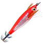 Glow squid jig lure with rainbow stripe, red and silver body, feather tail, treble hooks
