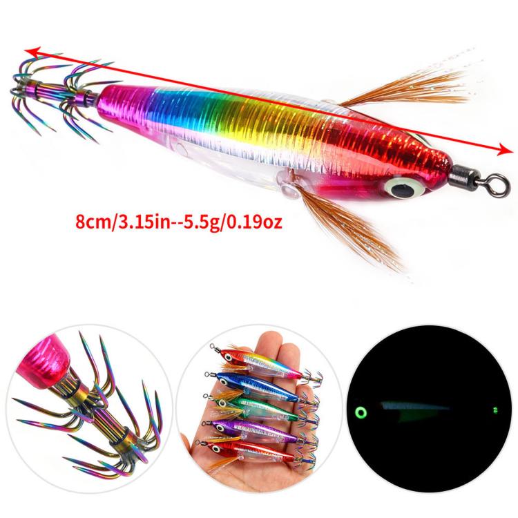 8cm 5.5g glow squid jig lure, holographic red-blue body with shrimp-feather tail