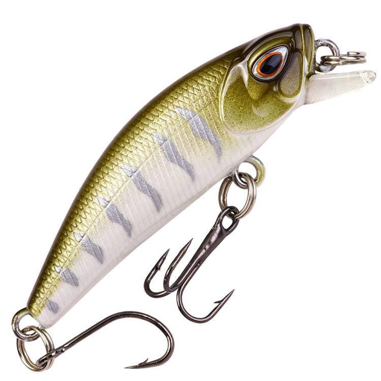 Gold-green micro sinking minnow lure with white belly, clear lip and treble hooks