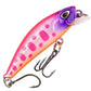Pink-purple micro sinking minnow lure with clear lip and treble hooks