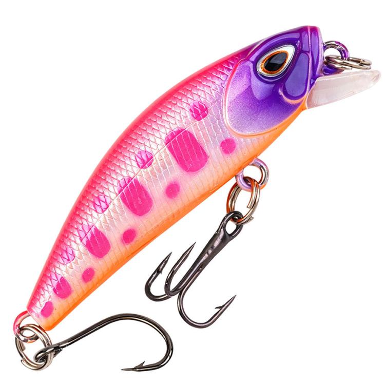 Pink-purple micro sinking minnow lure with clear lip and treble hooks