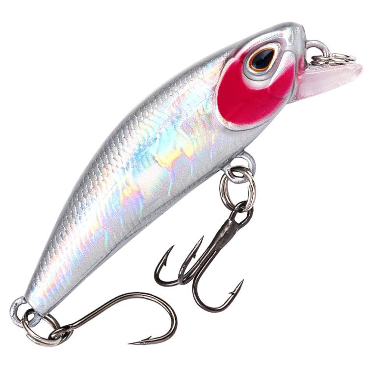 Silver micro sinking minnow lure with red head, clear lip and treble hooks