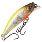 Chartreuse micro sinking minnow lure with gray pattern, clear lip and treble hooks