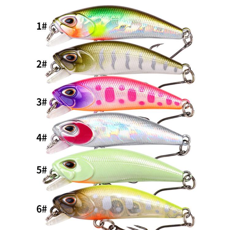 Set of six micro sinking minnow fishing lures with clear lips and treble hooks