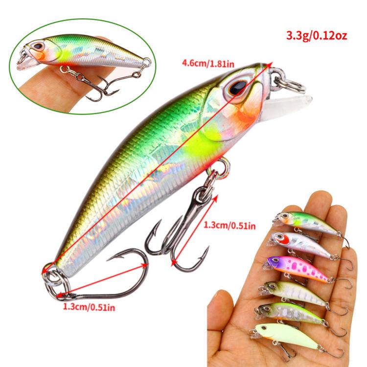 Green micro sinking minnow lure with clear lip and treble hooks