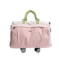 Blush pink nylon rolling duffel bag with green handles and detachable wheels