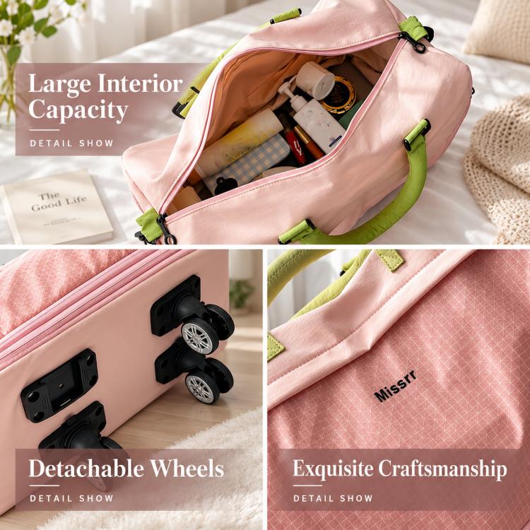 Pink rolling duffel bag with open zip top, showing interior, and detachable wheels