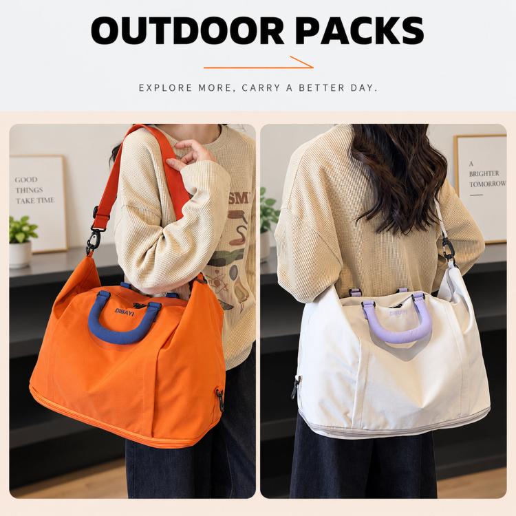 Expandable travel duffel bag set with orange and white styles, held by a person