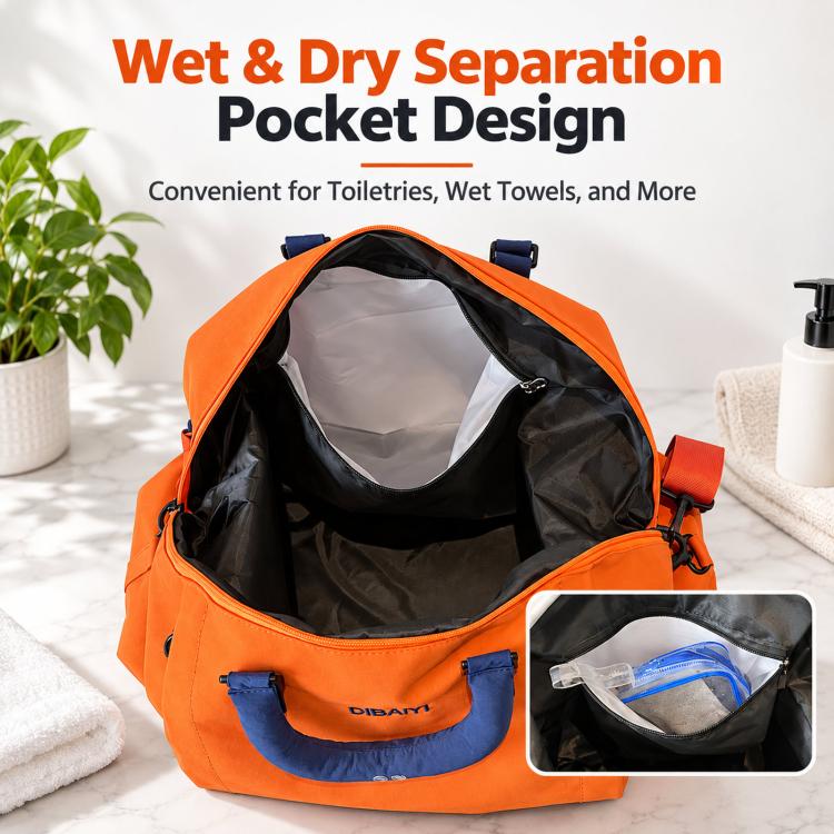 Expandable duffel bag with wet-and-dry separation pocket, orange outer shell