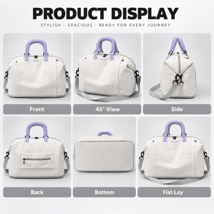 White expandable travel duffel bag with lavender handles shown from multiple angles