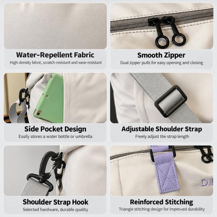 Travel duffel bag close-up: smooth dual zippers, side pocket, adjustable strap, reinforced stitching