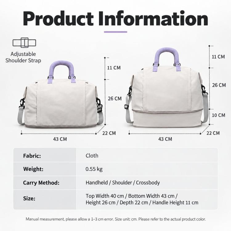 Light duffel bag with purple handles and adjustable shoulder straps, front zip; size shown