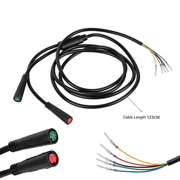 Black wiring harness cable kit with dual plugs and color-coded wire ends, length noted