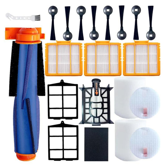 Robot vacuum replacement brush and filter kit with orange frame, side brushes, foam pads