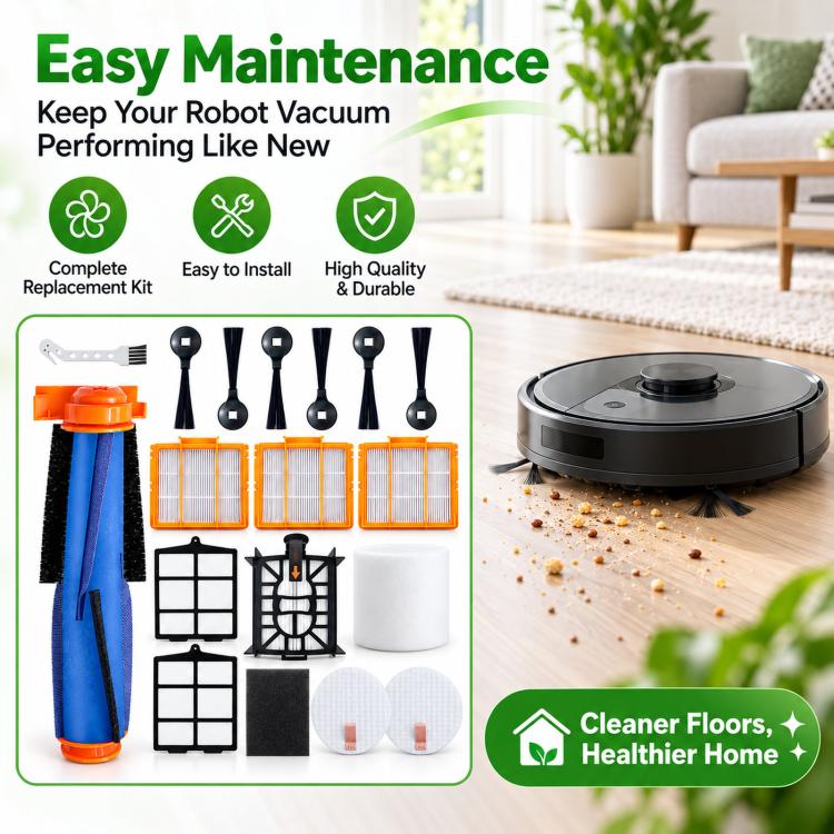 Robot vacuum replacement kit with main brush roller, orange filters, and white foam/felt pads