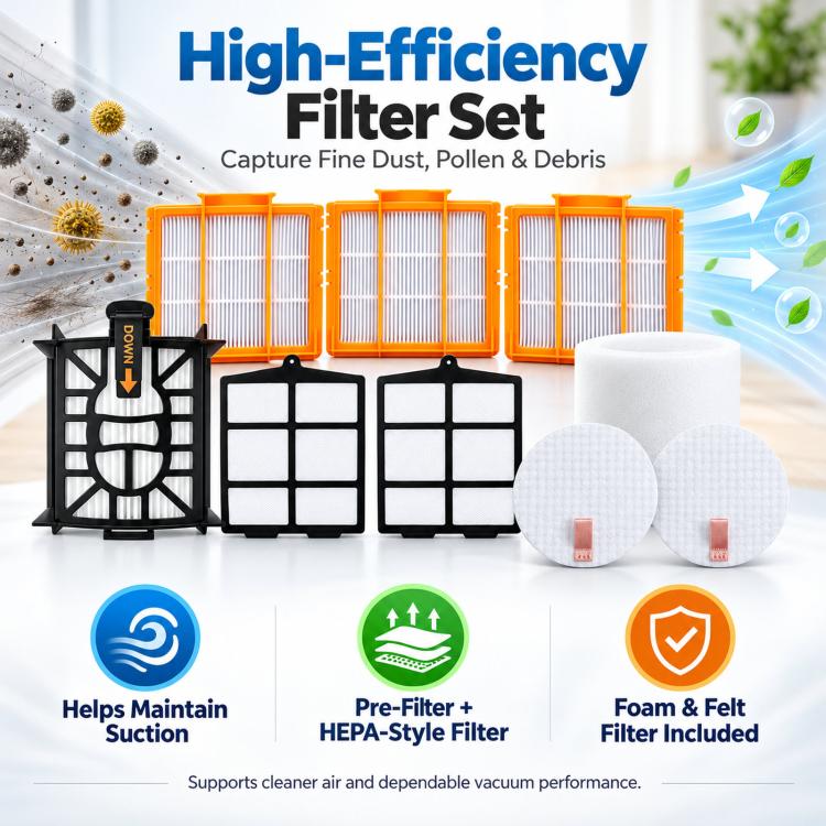 Robot vacuum high-efficiency filter set with orange pleated filters and white foam pads