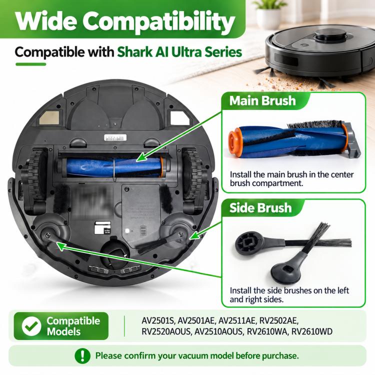 Robot vacuum replacement kit showing main brush roller and side brush for Shark AI Ultra