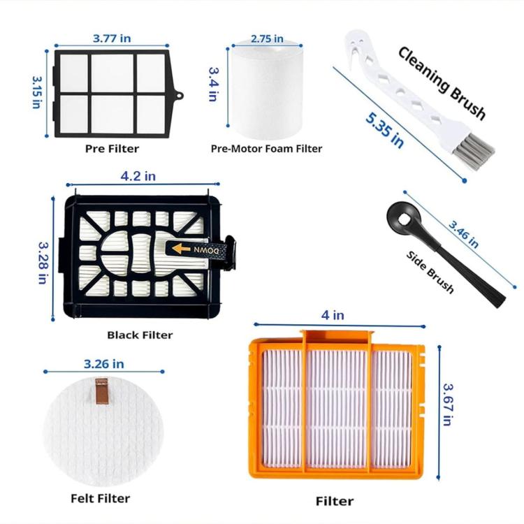 Robot vacuum replacement filters and brushes with size measurements shown in a diagram