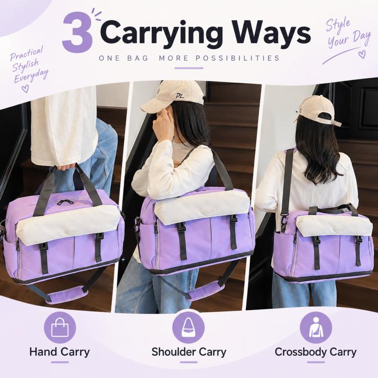 Purple travel duffel bag shown in hand-carry, shoulder-carry, and crossbody styles