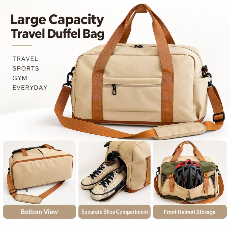 Beige travel duffel bag with brown trim, bottom view, and separate shoe compartment