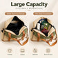 Tan travel duffel bag with wide opening and internal compartments for daily essentials