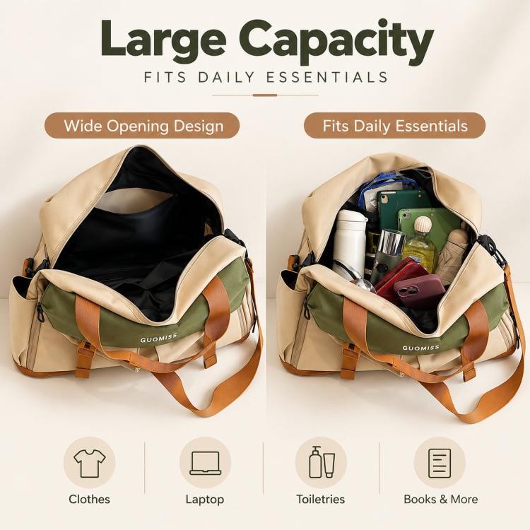 Tan travel duffel bag with wide opening and internal compartments for daily essentials