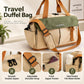 Green and beige travel duffel bag with smooth double-zip, adjustable strap, and side pocket