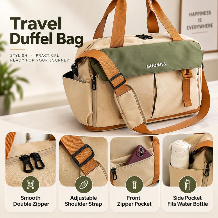 Green and beige travel duffel bag with smooth double-zip, adjustable strap, and side pocket
