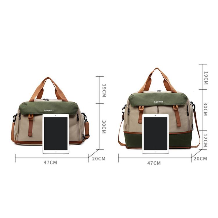 Green and tan travel duffel bag with size diagram and front view