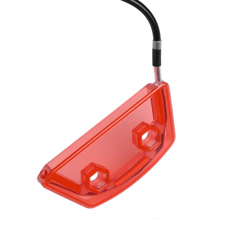 Red taillight light housing with two mounting holes and attached cable
