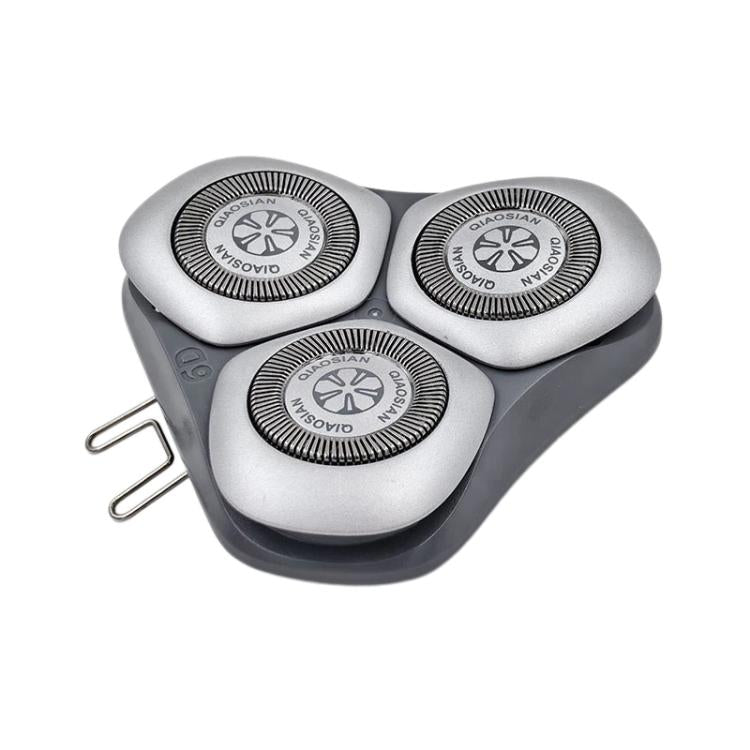 Three-head replacement rotary shaver head, silver metal and dark gray housing