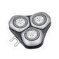 Three-head rotary shaver head with metal foils and dark gray base, front view