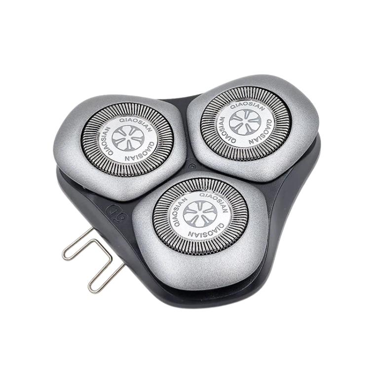 Three-head rotary shaver head with metal foils and dark gray base, front view
